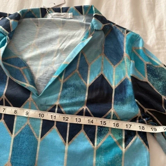 NWT Neezeelee s Color Block Casual Tunics Collar Long Sleeve V Neck Blouse - Picture 6 of 9